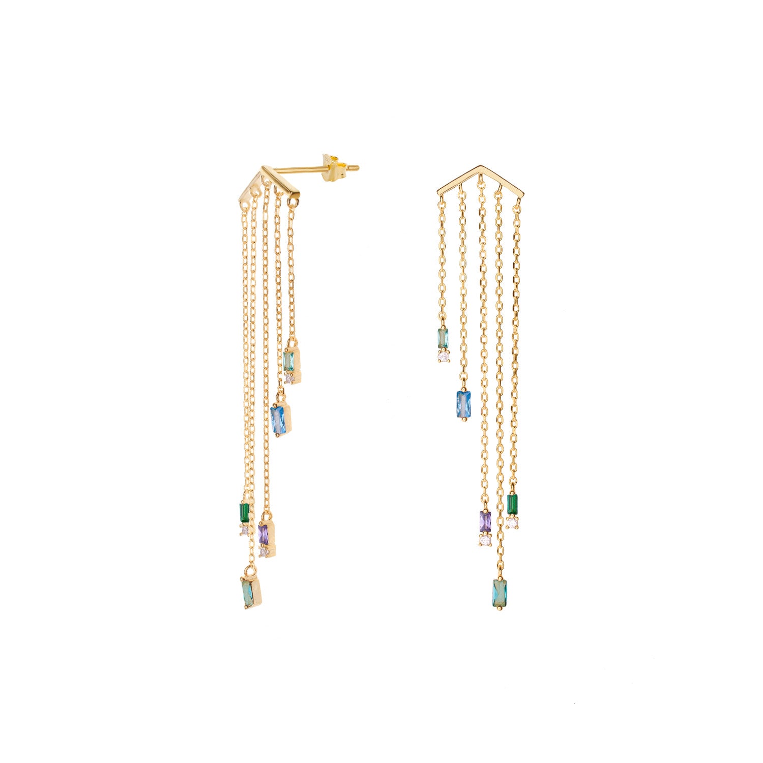 Longues boucles d'oreilles composées de cinq chaînes avec des pierres précieuses bleues