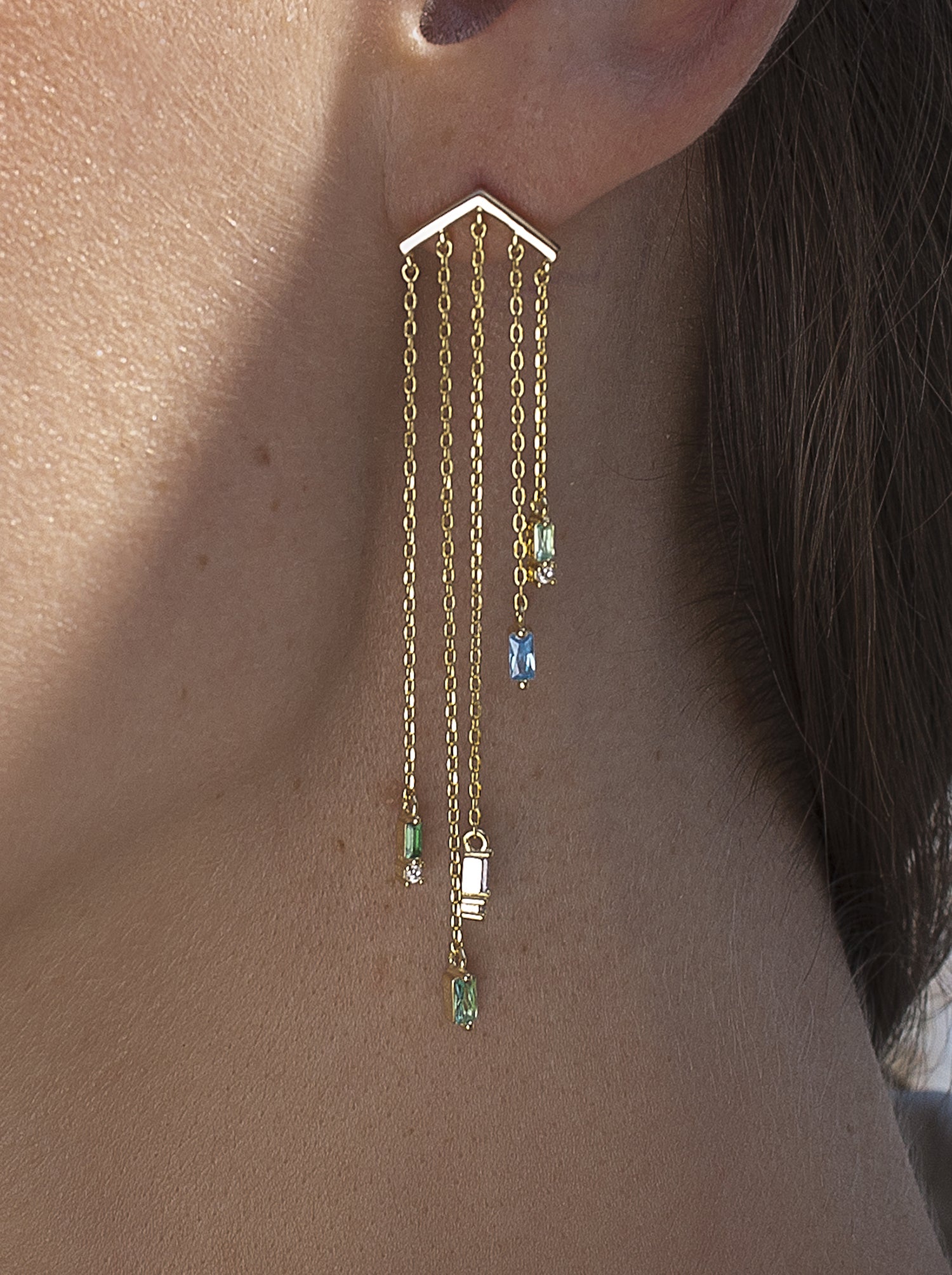 Long earrings design five chains with blue tone gems