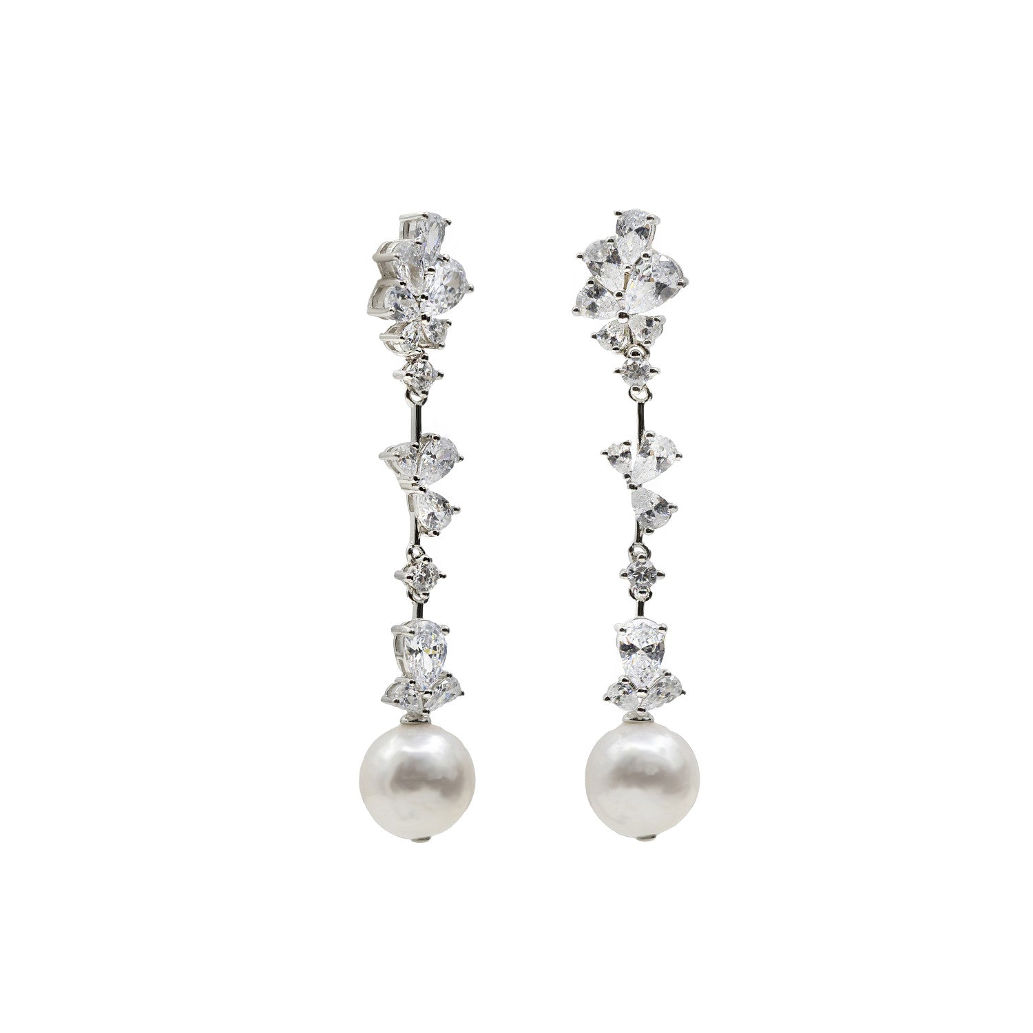 Long bridal earrings with zircons and finished with a pearl with floral motifs