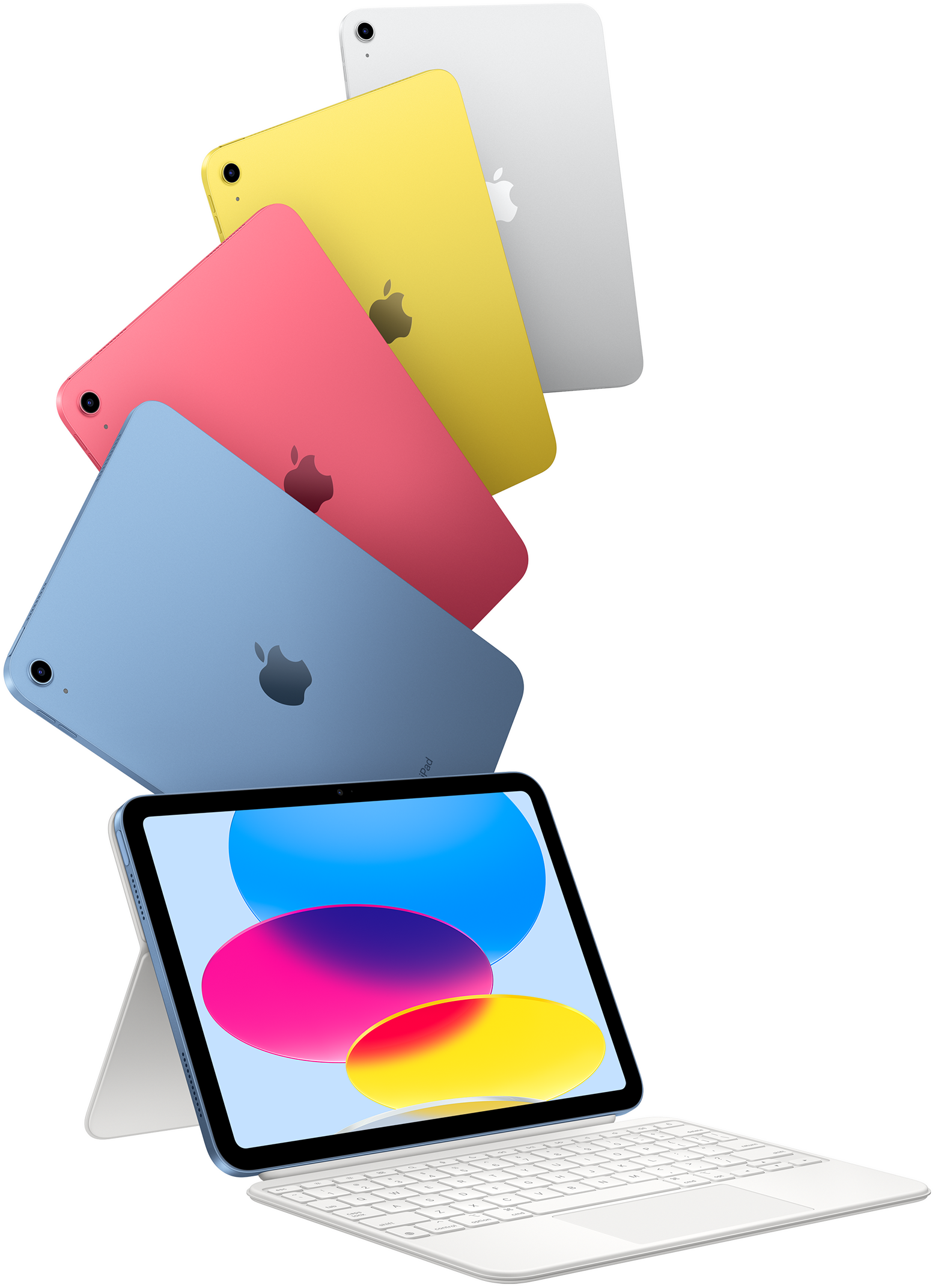 iPad in blue, pink, yellow, and silver colors and one iPad attached to the Magic Keyboard Folio.