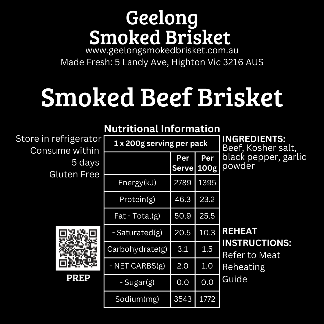 smoked beef brisket nutritional panel | Geelong Smoked Brisket