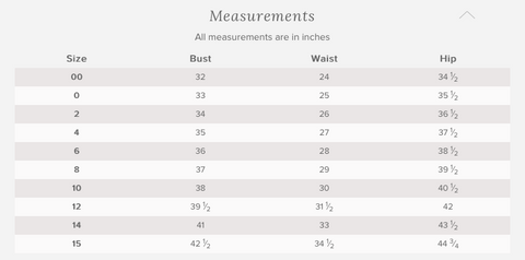 Watters Bridesmaid Size Chart