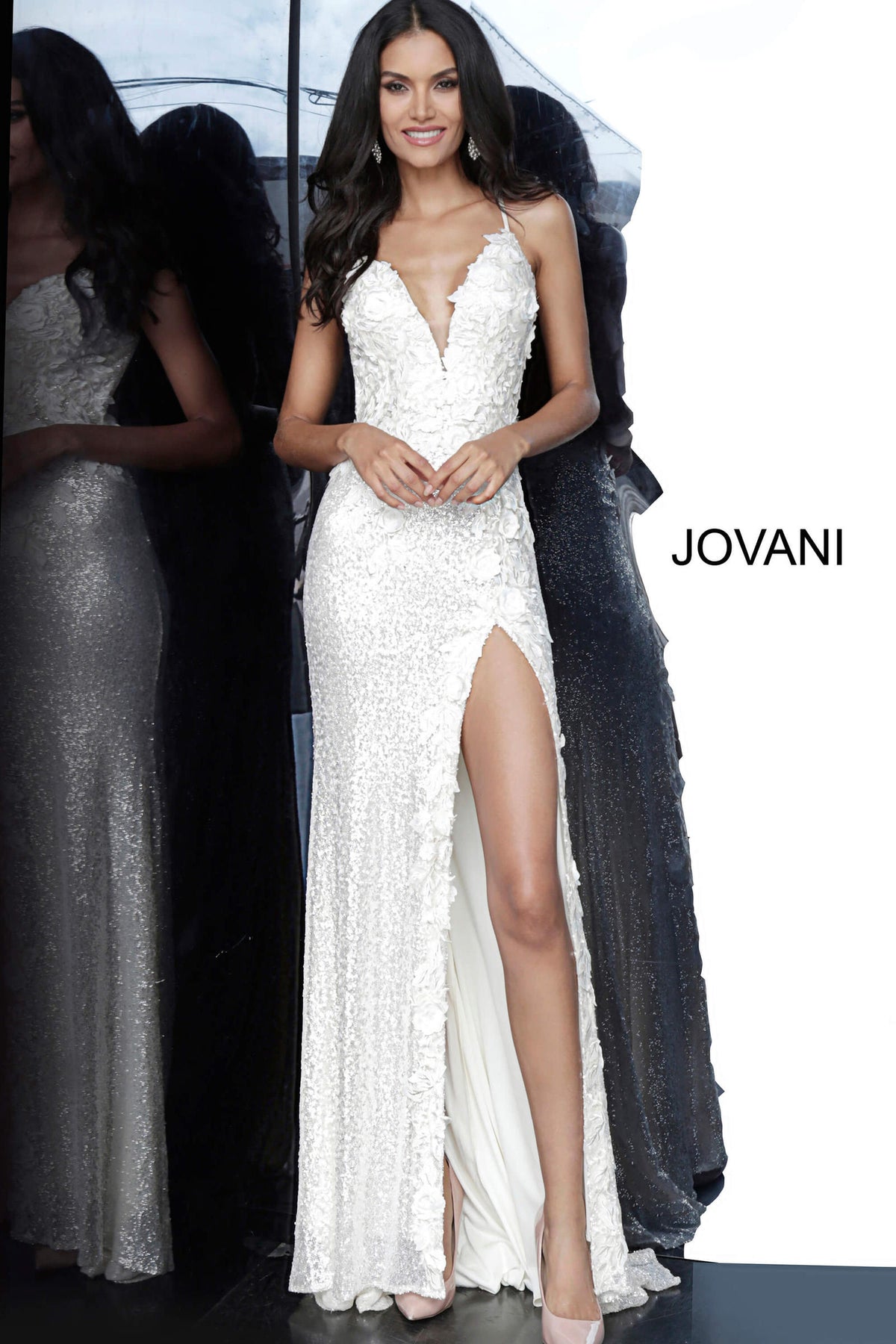 Jovani 1012 long sequins gown with a sexy low back and leg slit Mia