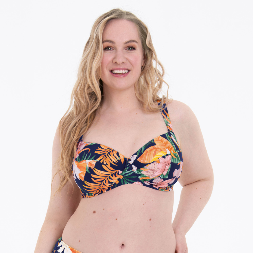 Foundations Professional Bra Fitting - ~ Rosa Faia ~ Lizzie Bikini Top &  Ebby Bottom ~ Mandarin ~ This halter bikini top offers a yellow background  with vibrant leaf colors, ruffles lining