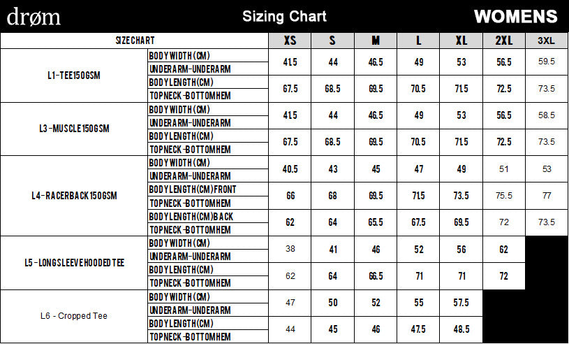 Drom sizing chart womens