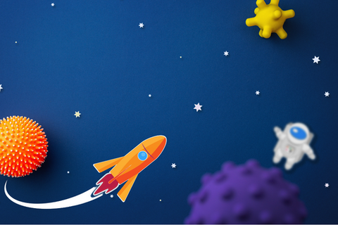 blue background and cartoon rocketship flying in space