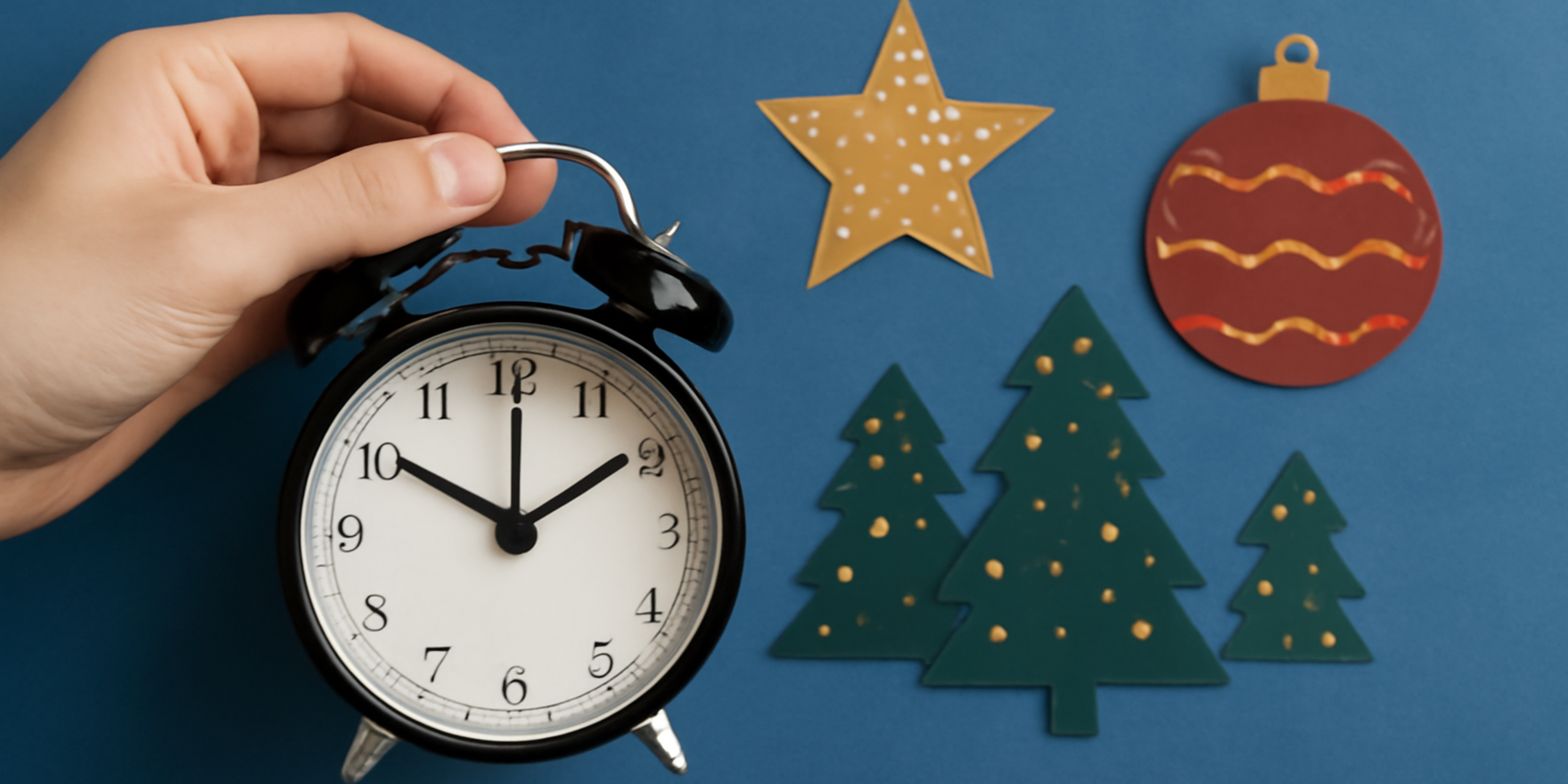 Hand holding alarm clock near Christmas decorations, symbolizing countdown for holiday lighting projects and municipal holiday lighting deadlines