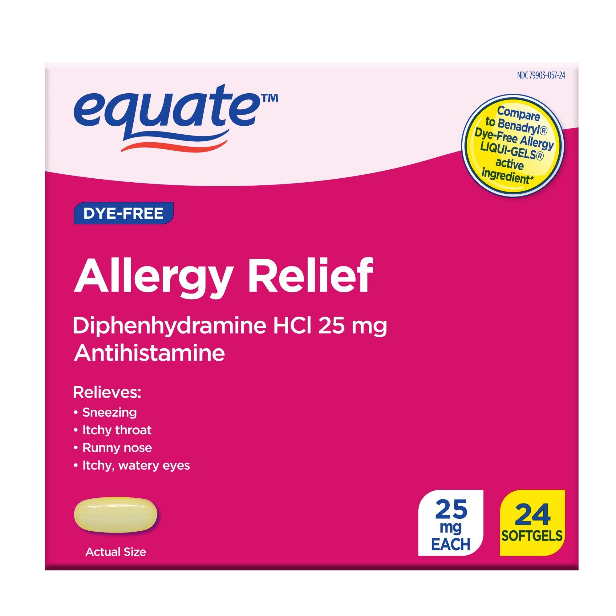 Equate Allergy Relief Softgels with Diphenhydramine Hcl; 25mg Antihistamine; 24 Count
