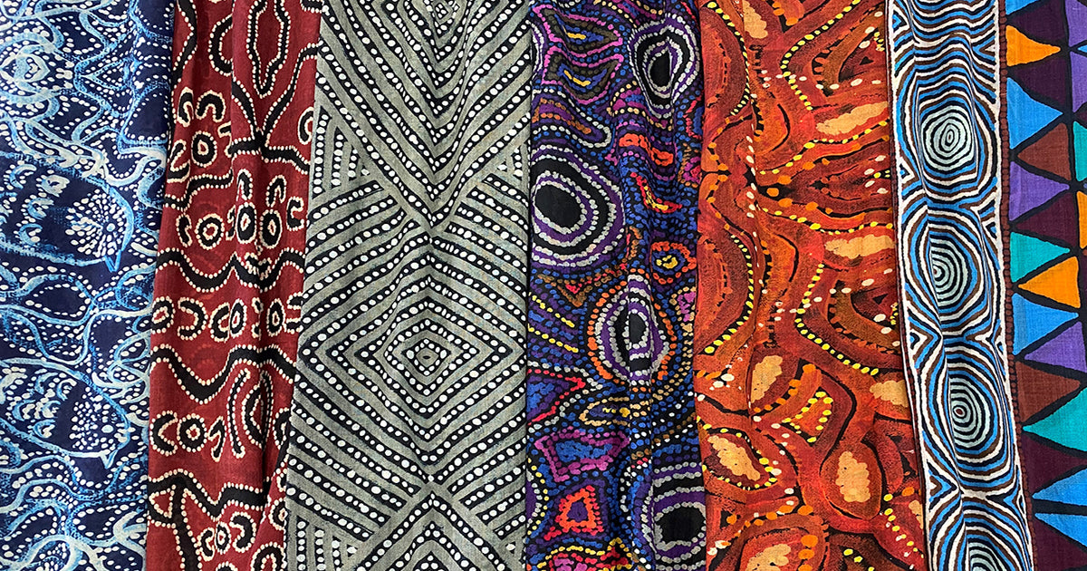 Aboriginal art ethical Australian fashion merino wool scarf luxury