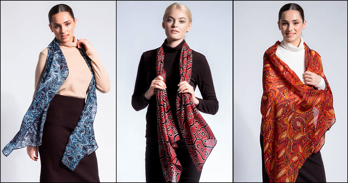 Aboriginal art ethical Australian fashion merino wool scarf luxury