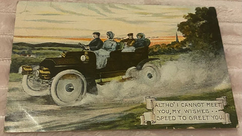 British Early Postcard, Greetings Speeding from the Motor Car, Posted 1910