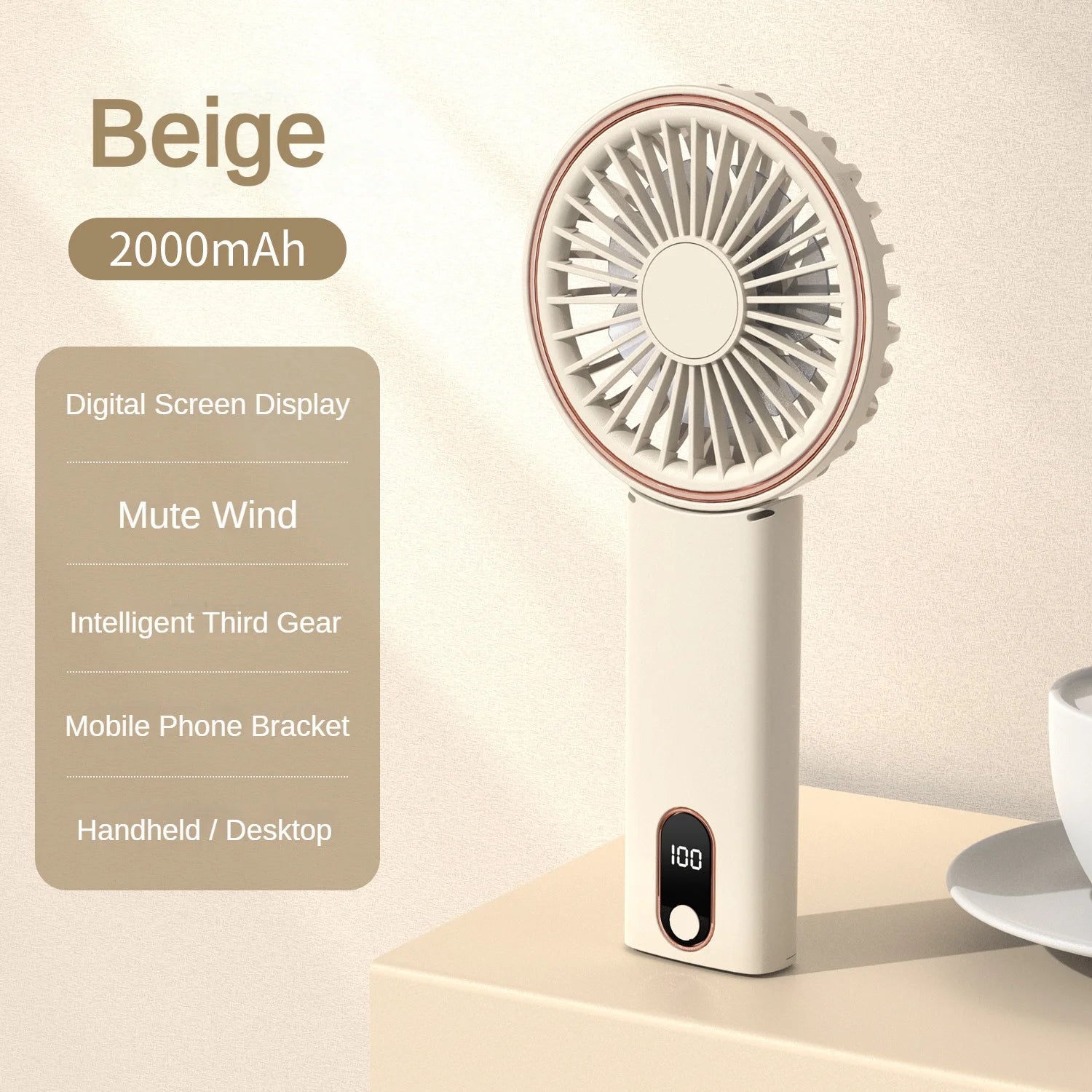 Eaiser Handheld Ultra Slim Mini Fan Portable USB Charging Halterneck Digital Display Foldable Desktop Small Fan