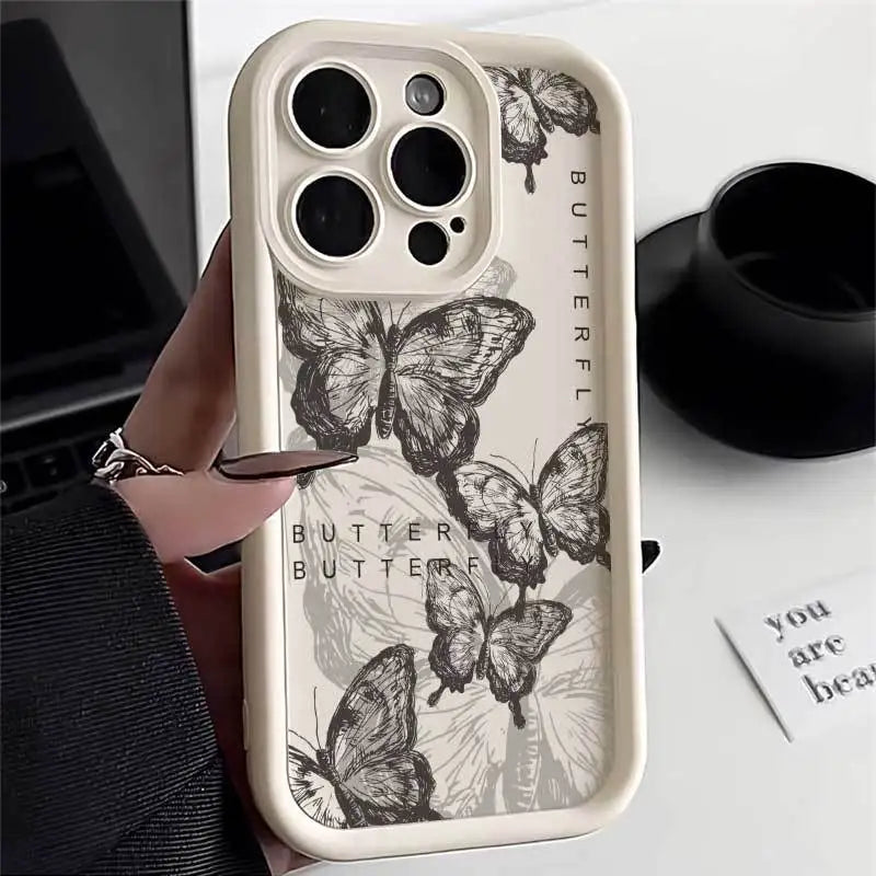 Eaiser-INS Retro Butterfly Shadow Pattern Silicone Phone Case For iPhone 11 12 13 14 Pro 15 Pro Max Matte Shockproof Bumper Back Cover