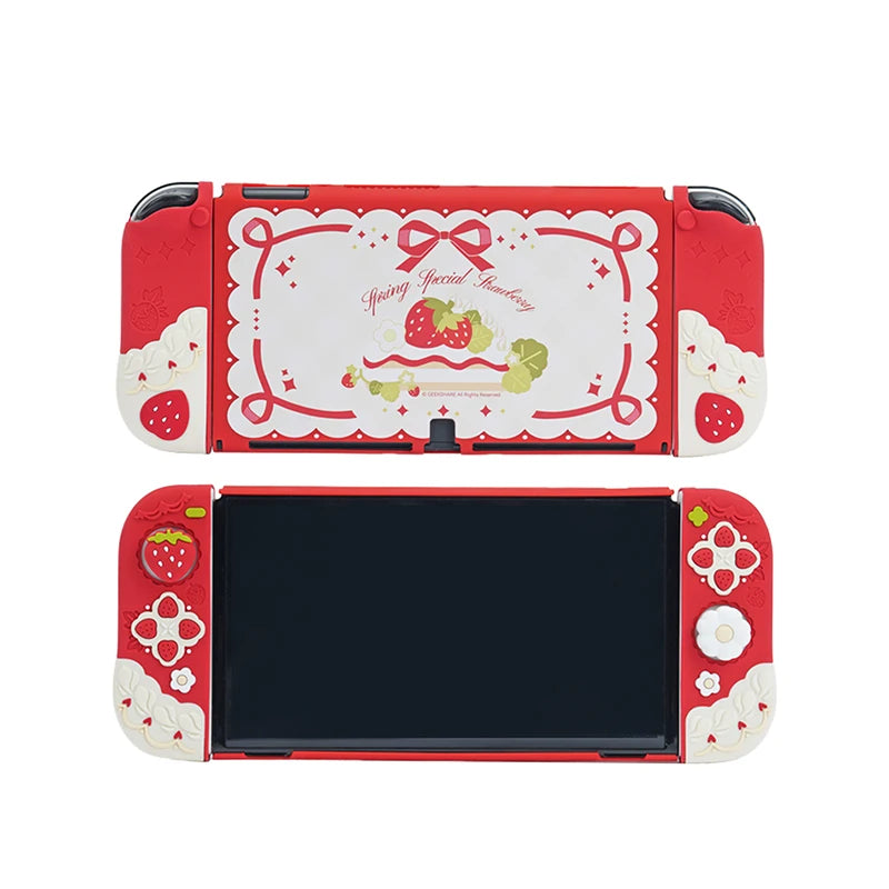 Eaiser-Silicone Protective Case And JoyCon Cover For Nintendo Switch/OLED With 1Pair Customized Thumb Grips,Spring Strawberry