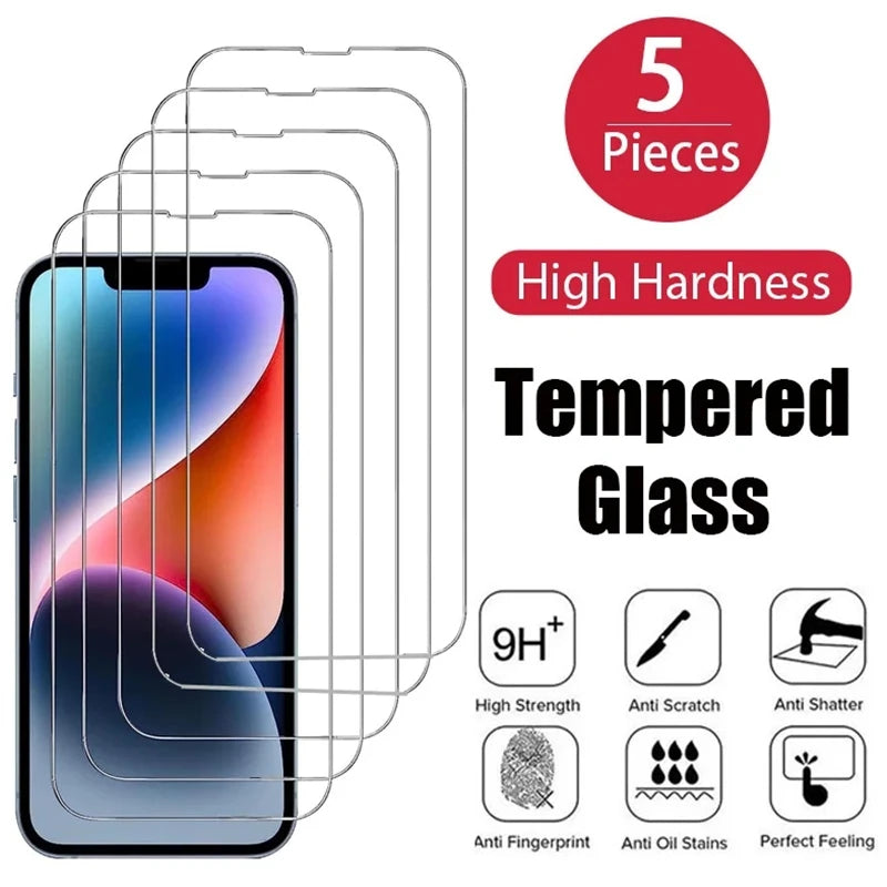 Eaiser-5Pcs Protective Glass for iPhone 15 11 12 13 14 Pro Max 7 8 Plus Screen Protector for iPhone 13 Mini XR X XS MAX Tempered Glass