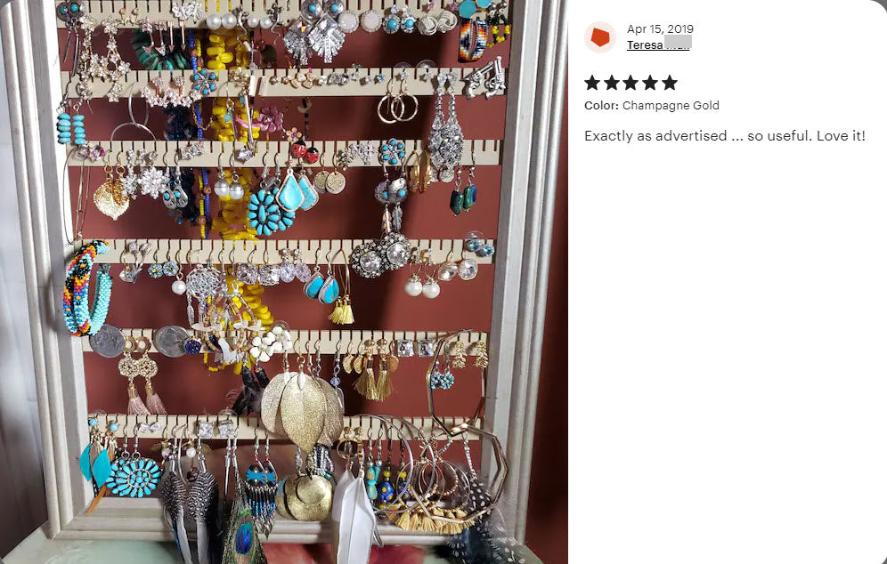 iOrganize® earring holder customer review with image of framed earring holder