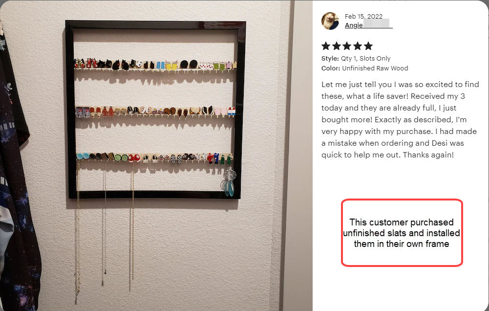 iOrganize® earring holder slats customer review with image of how the customer installed the slats into their own frame