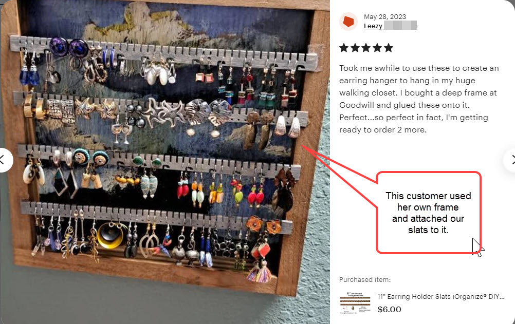 iOrganize® earring holder slats customer review with image of how the customer installed the slats into their own frame