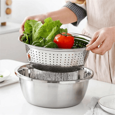4PCS Set 304 Stainless Steel Bowl with Lid Kitchen Cooking Salad Mixing  Bowls Set Washing Drain Basket Soup Basin Strainer