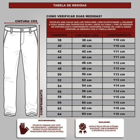 Tabela de Medidas da Calça Social Masculina Elastimax Disponível em: www.descontara.com