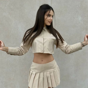 RAROVE-Graduation Gift Back to School Season 2024 Spring New Product Women's Fashion Casual Flip Collar Stripe Short Top Folded Half Skirt Set - Rarove