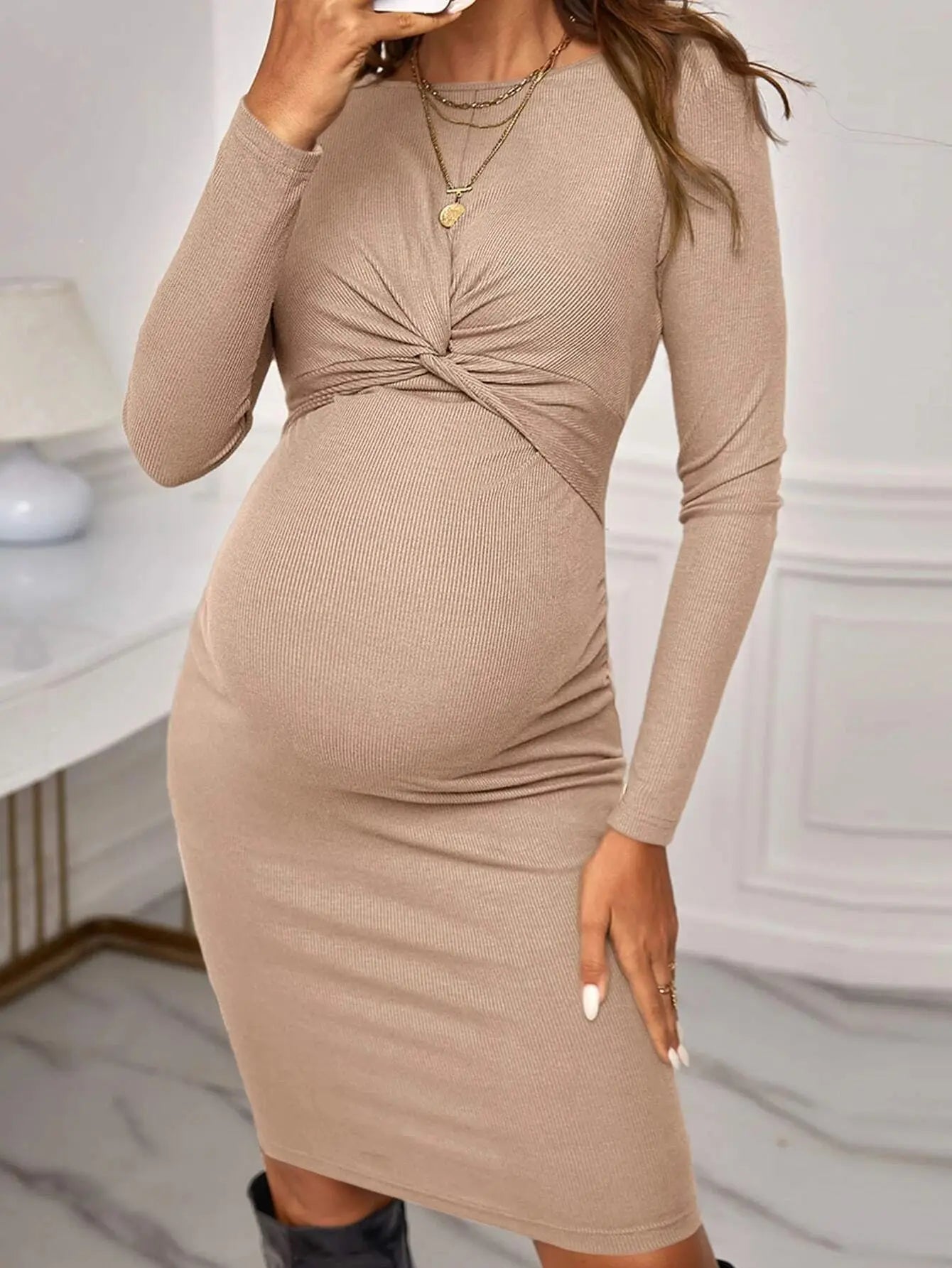 Rarove--Solid Maternity Long Sleeve Dresses 2024 Autumn Pregnant Women Criss Cross Knitted Midi Dress Premama Clubwear Bodycorn Clothing
