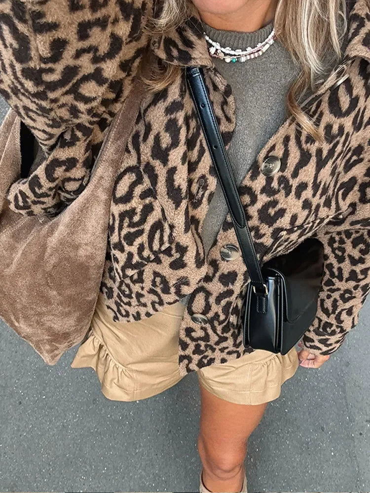 Rarove-Fall Outfits Outwear Streetwear Autumn Leopard Print Woolen Casual Single Breasted Women's Coat Elegant Long Sleeved Short Jacket Lady New High Streetwear
