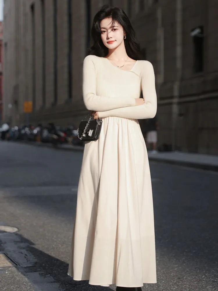 Rarove Autumn New Patchwork Knitted Dress 2023 Women Long Sleeve Elegant Midi Solid Dresses Fashion New Slim Waist One Pieces Clothes