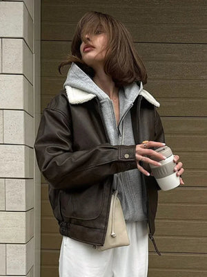 Rarove-Fall Outfits Outwear Streetwear Fashion Brown Faux Pu Leather Jackets For Women Chic Zipper Turn Down Collar  Coats Autumn 2024 Lady Warm Casual Streetwear - Rarove