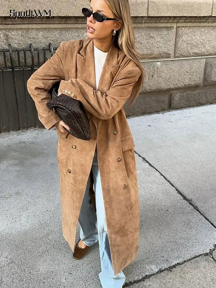 Rarove-Fall Outfits Outwear Streetwear Fashion Lapel Long Windbreaker Jacket Elegant Casual Suede Leather Women's Trench Coat Oversize Autumn Commute Street Outerwear