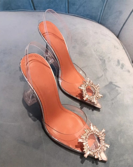 Big size 44 45 Women Pumps Elegant Pointed toe Rhinestones High heels Wedding Shoes Crystal Clear heeled Slingback Pumps Sandals