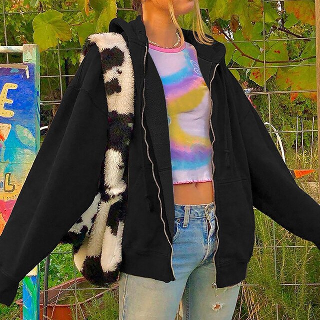 KANCOOL Fleece Brown Zip Up Sweatshirt Women Y2K Oversize Hoodies With Pockets Vintage 90s Long Sleeve Pullovers Plus Size