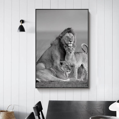 tableau famille de lion en noir et blanc