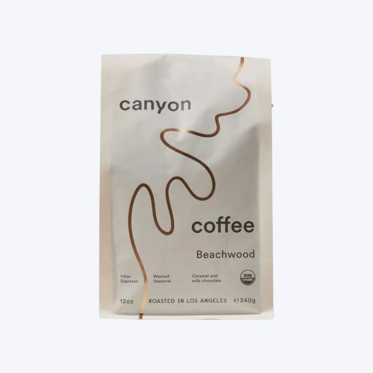 A bag of Beachwood blend coffee beans by Canyon Coffee.