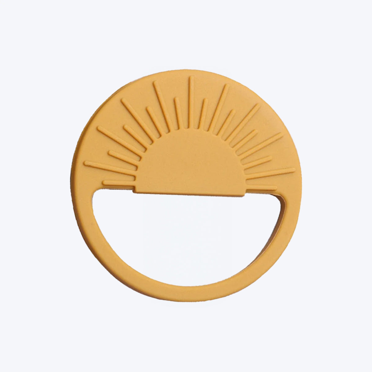 A yellow silicone teething ring in the shape of a sunburst
