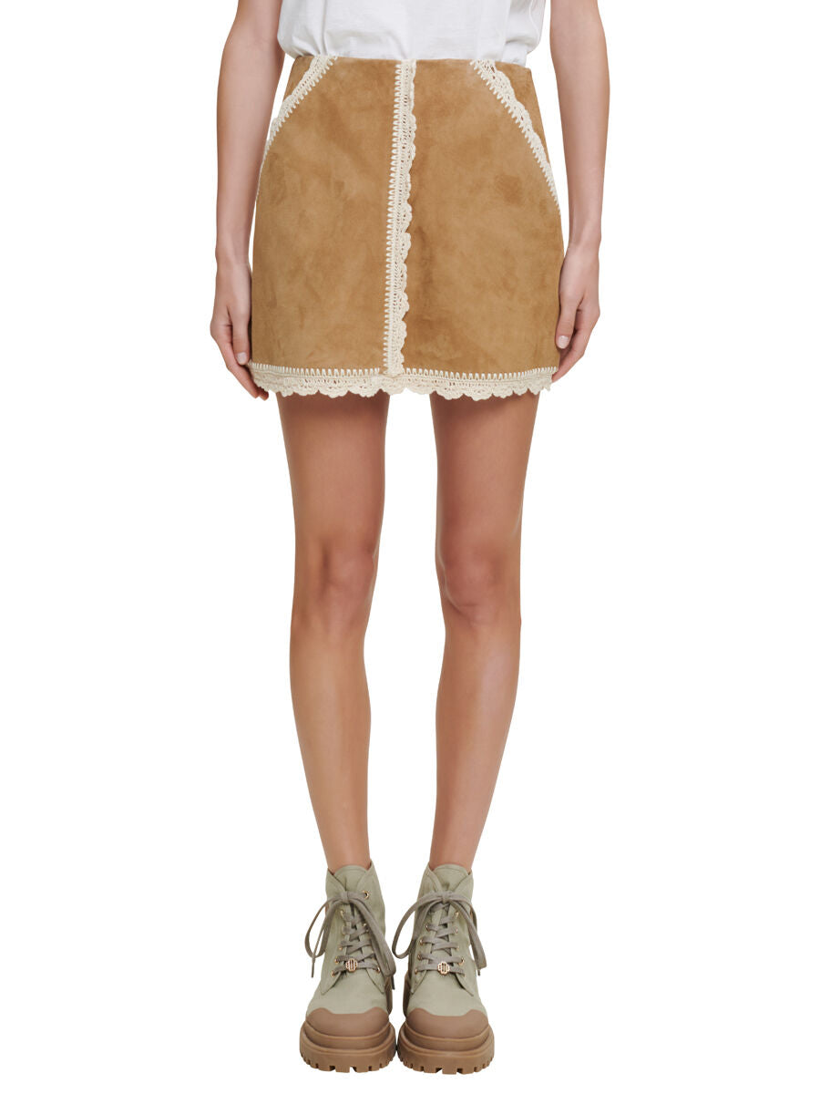 Maje Suede Skirt With Crochet Trim In Camel Maje Forward