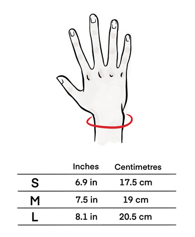 Size Small is best suited for Wrist circumference under 17.5 centimeters or 6.9 inches; Size Medium is best suited for Wrist circumference around 19 centimeters or 7.5 inches; Size Large is best suited for Wrist circumference around 20.5 centimeters or 8.1 inches;