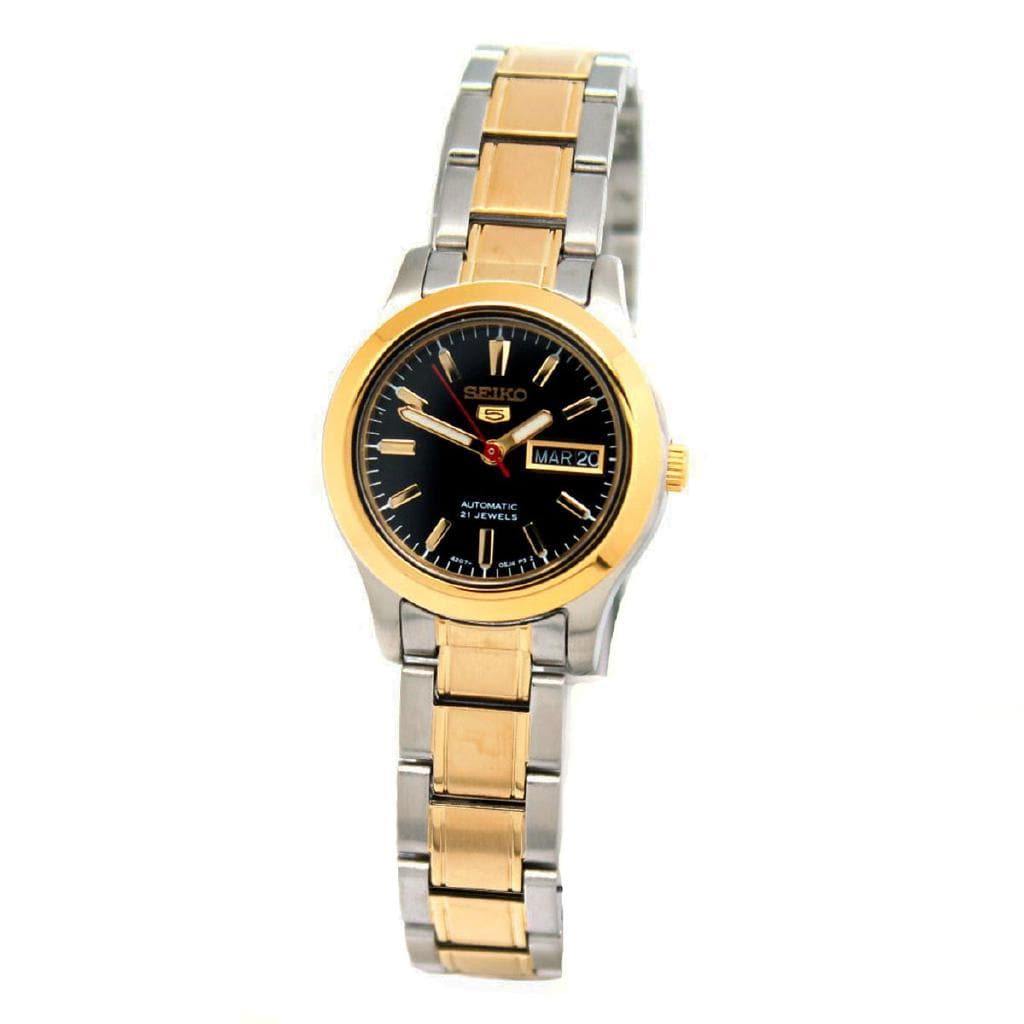 Seiko 5 Classic Ladies Size Black Dial 2 Tone Gold Plated Stainless St –  Prestige