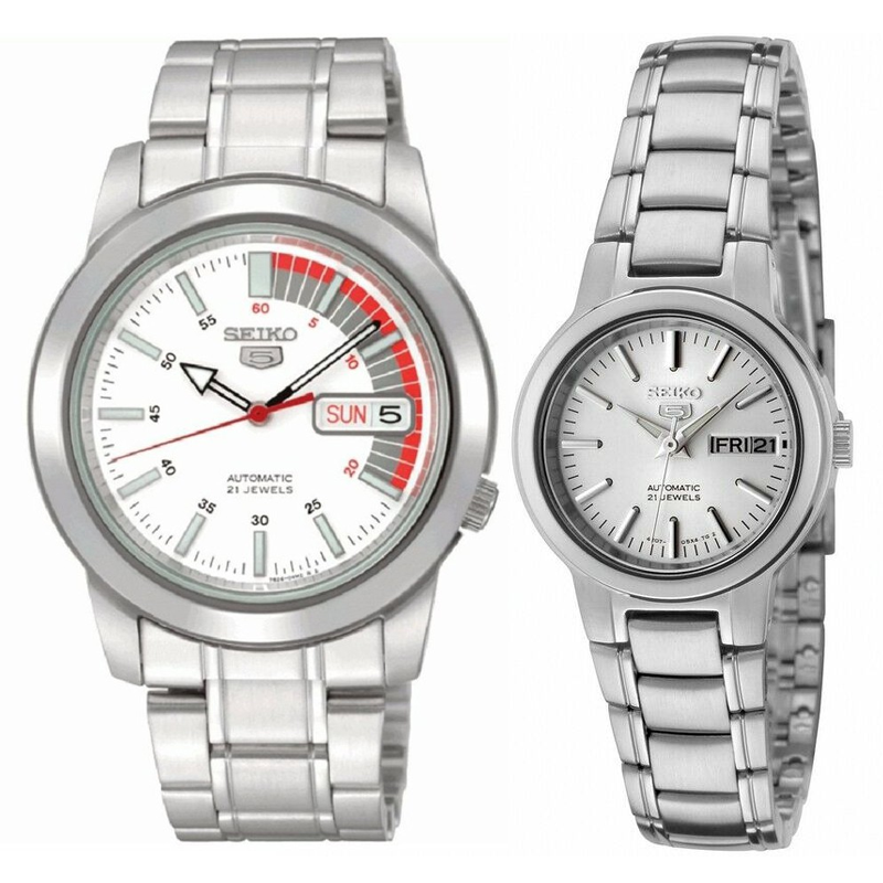 Seiko 5 Classic White Dial with Red Bar Couple's Stainless Steel Watch –  Prestige