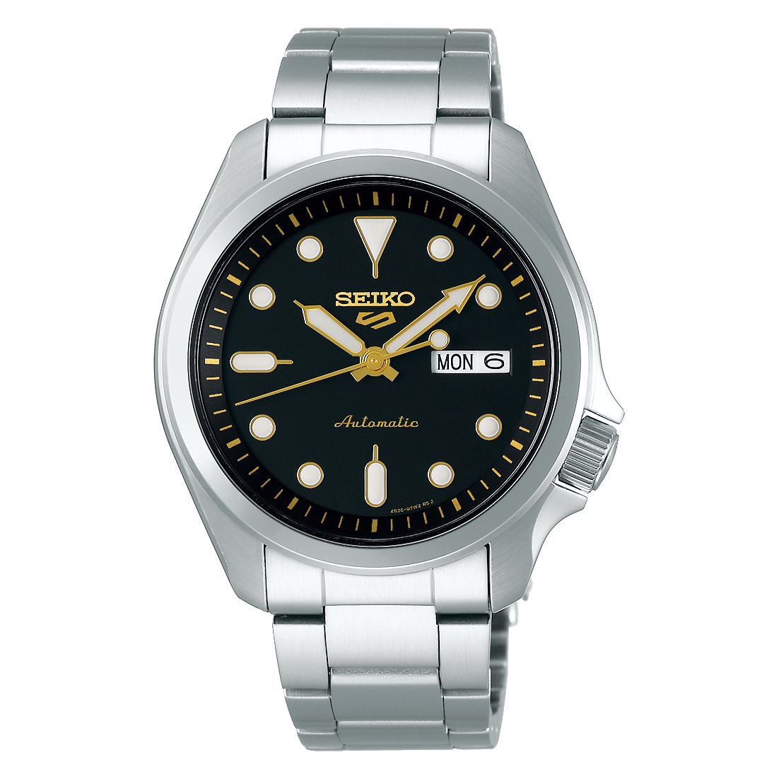 Seiko 5 Sports 100M Automatic Men's Watch Black Dial Gold Accents SRPE –  Prestige