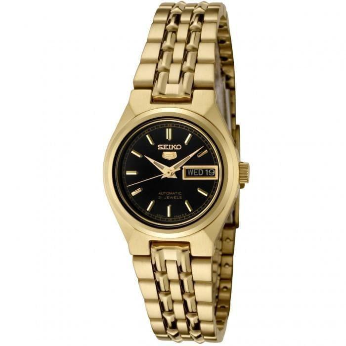 Seiko 5 Classic Ladies Size Black Dial Gold Plated Stainless Steel Str –  Prestige
