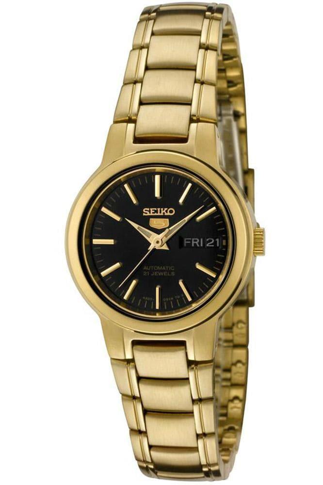 Seiko 5 Classic Ladies Size Black Dial Gold Plated Stainless Steel Str –  Prestige