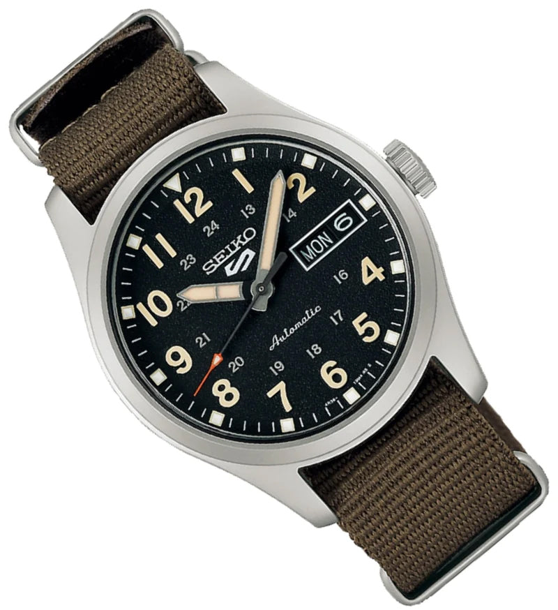 Seiko 5 100M Field Sports Style Black Dial Automatic Nato Strap Watch ...