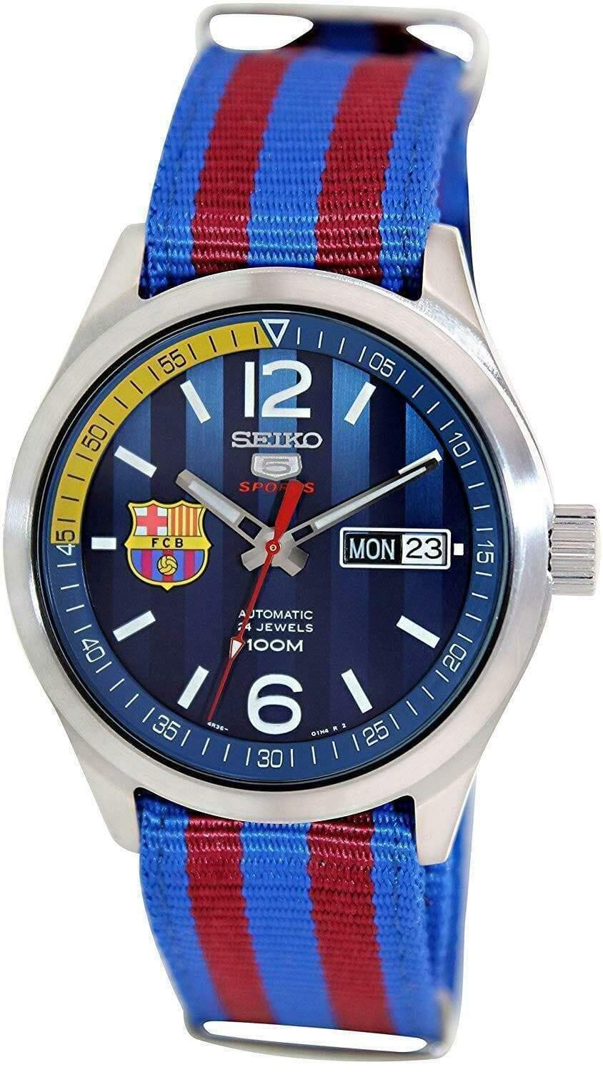 Seiko 5 Sports FC Barcelona 100M Blue Dial Men's Watch Nylon Strap SRP –  Prestige