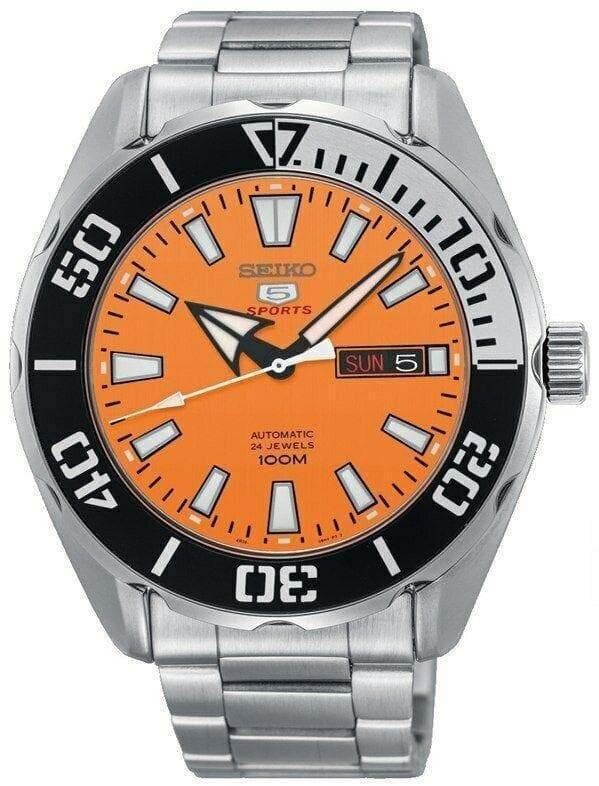 Seiko 5 Sports Japan Made 100M Orange Dial Black Bezel Men's Watch SRP –  Prestige