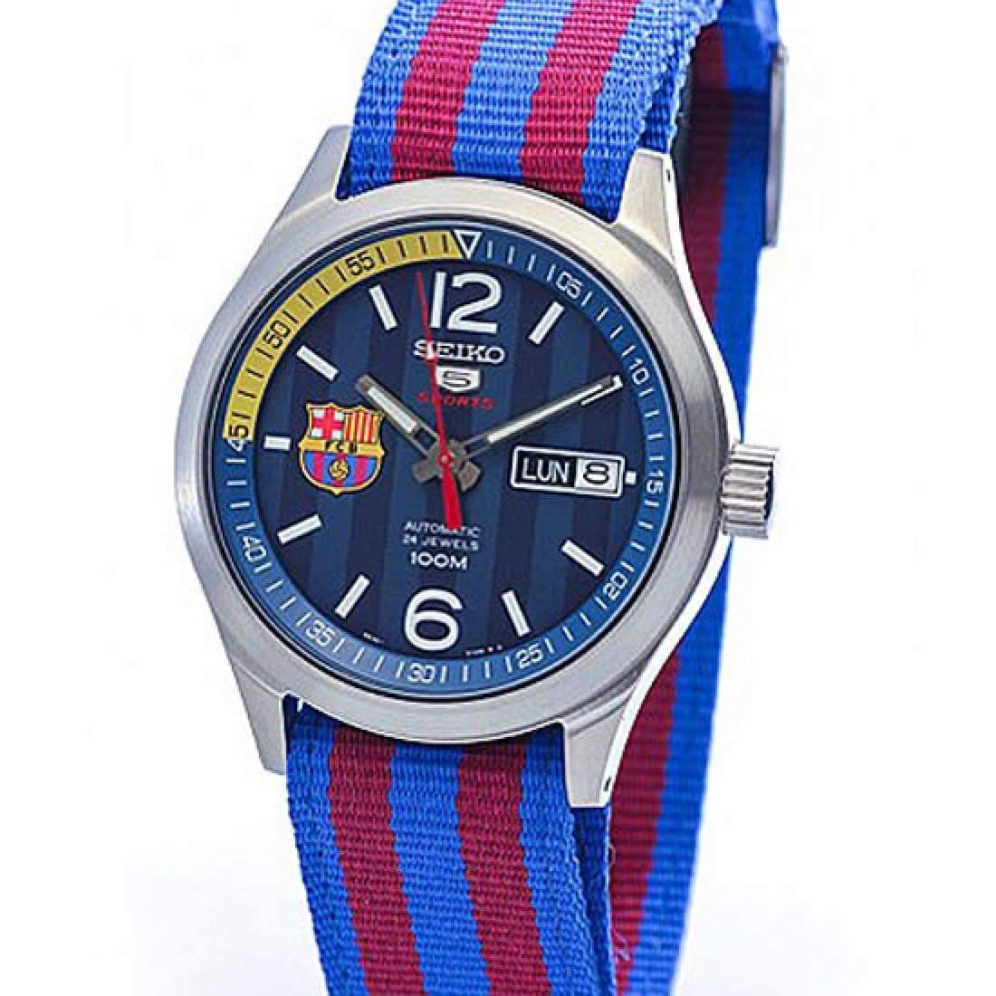 Seiko 5 Sports FC Barcelona 100M Blue Dial Men's Watch Nylon Strap SRP –  Prestige