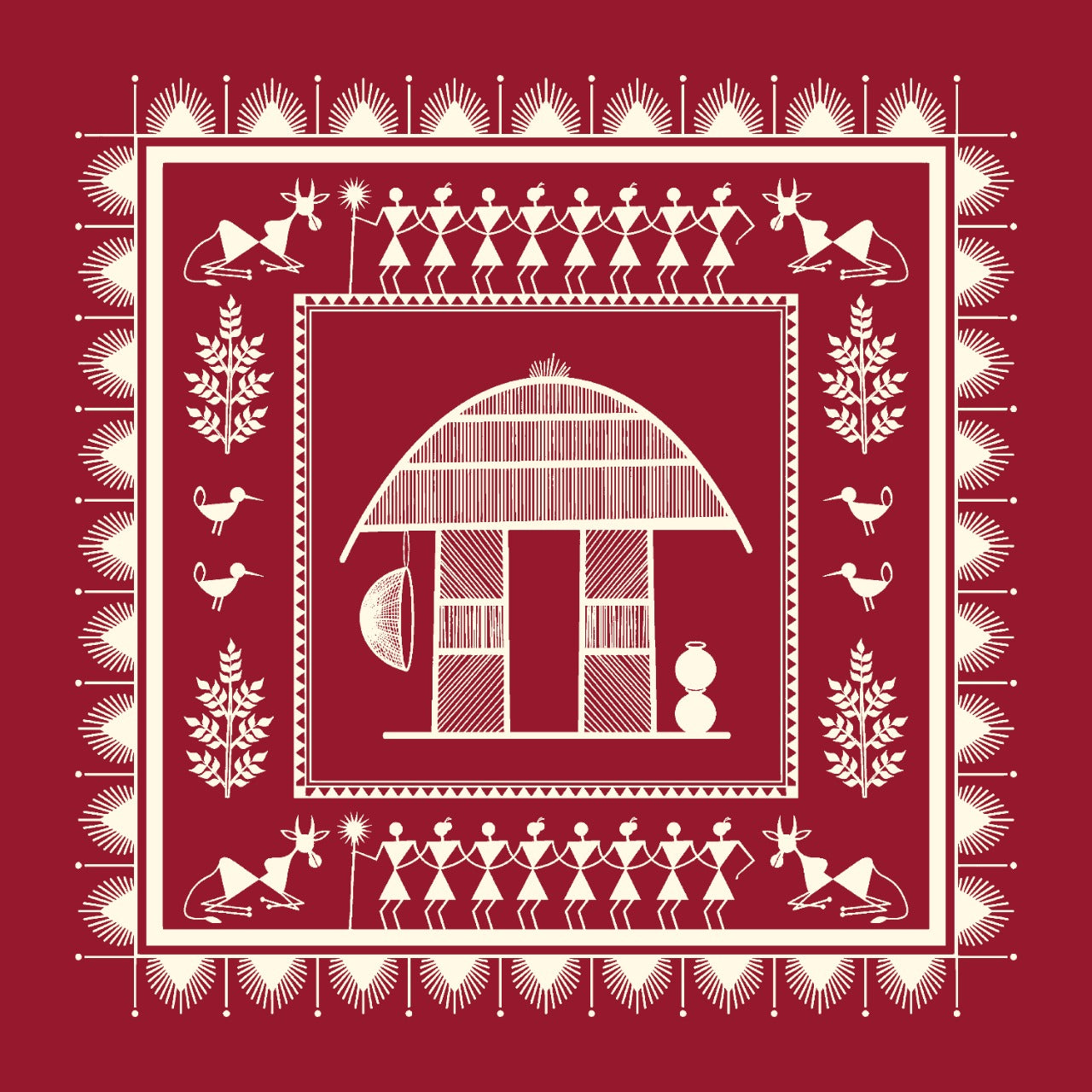 A Warli Art Backdrop featuring a Village Hut scenario. – EFS