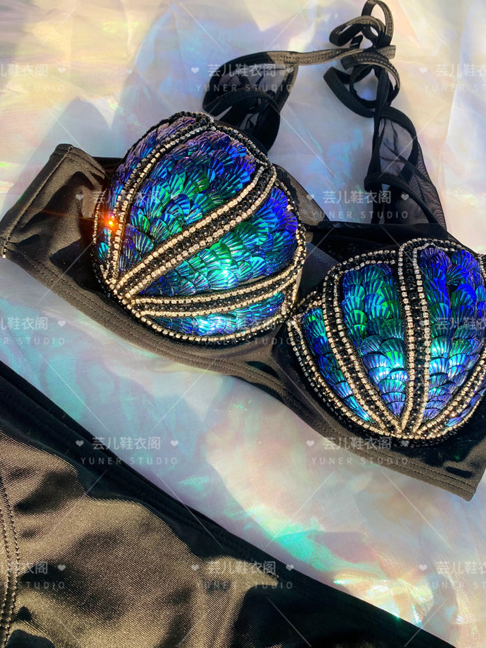 Aqua Opulence Handmade Diamond Pearl Mermaid Bikini Set – Sunset
