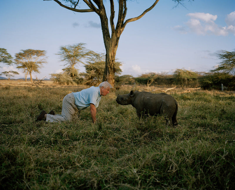 Sir David Attenborough on the set of Africa  Orphaned Black Rhino Calf Lewa Conservancy northern Kenya