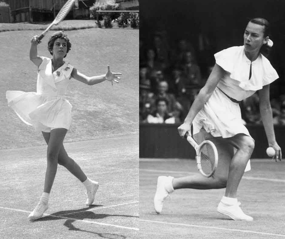 Maria Bueno and Gertrude Mora tennis outfits